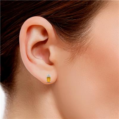14K White Gold 8x6MM Emerald Shaped Citrine and Three Stone Diamond Earrings