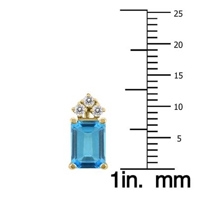 14K Yellow Gold 8x6MM Emerald Shaped Blue Topaz and Three Stone Diamond Earrings