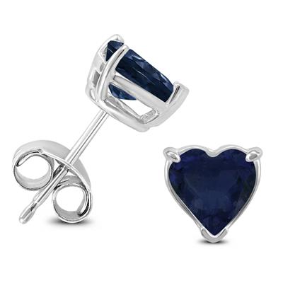 14K White Gold 4MM Heart Sapphire Earrings