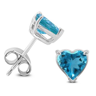 14K White Gold 7MM Heart Blue Topaz Earrings