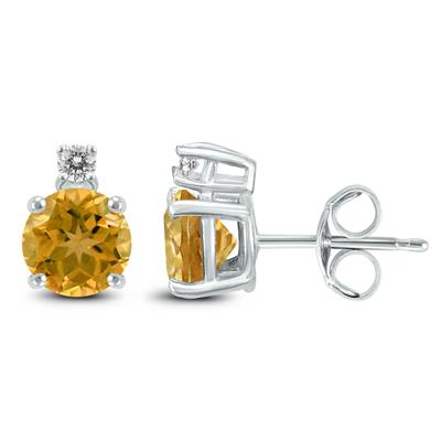 14K White Gold 5MM Round Citrine and Diamond Earrings