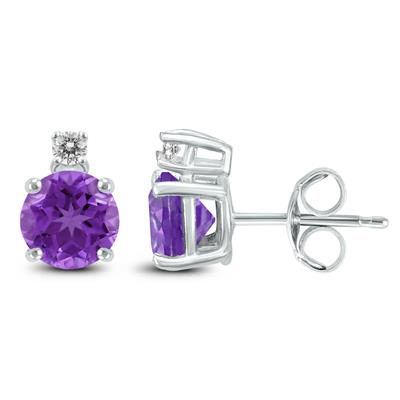 14K White Gold 7MM Round Amethyst and Diamond Earrings