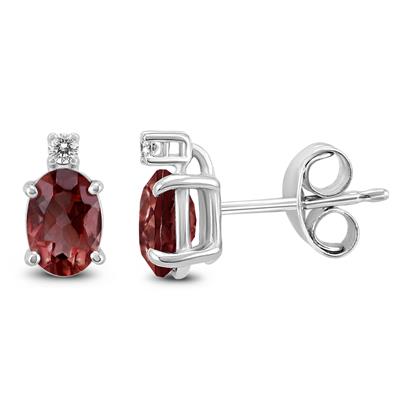 14K White Gold 7x5MM Oval Garnet and Diamond Earrings
