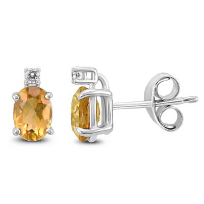 14K White Gold 8x6MM Oval Citrine and Diamond Earrings