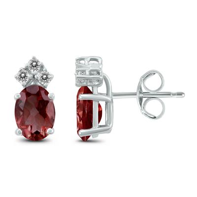 14K White Gold 8x6MM Oval Garnet and Three Stone Diamond Earrings