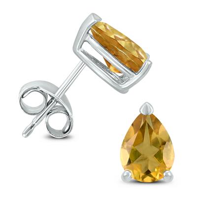 14K White Gold 8x6MM Pear Citrine Earrings