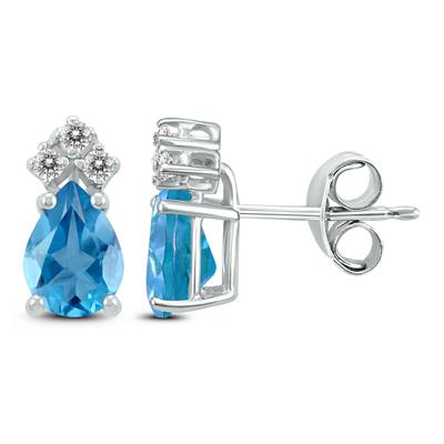 14K White Gold 8x6MM Pear Blue Topaz and Three Stone Diamond Earrings