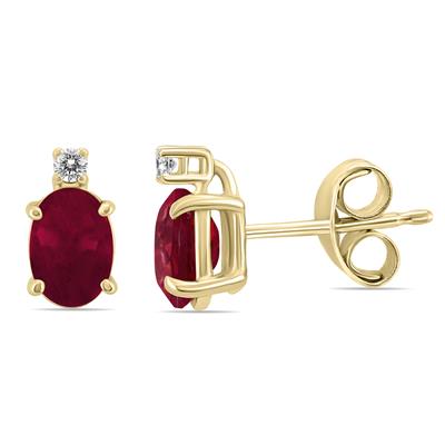 14K Yellow Gold 6x4MM Oval Ruby and Diamond Earrings