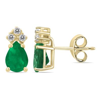 14K Yellow Gold 6x4MM Pear Emerald and Three Stone Diamond Earrings