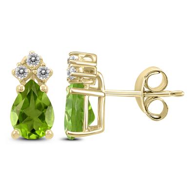 14K Yellow Gold 8x6MM Pear Peridot and Three Stone Diamond Earrings