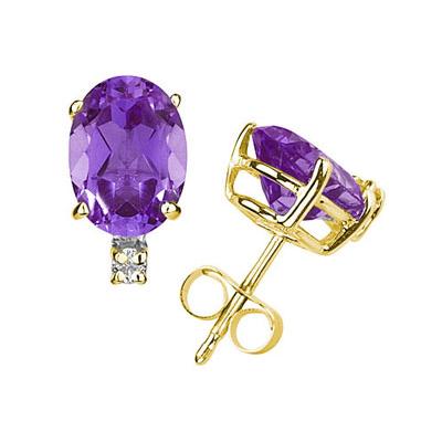 9X7mm Oval Amethyst and Diamond Stud Earrings in 14K Yellow Gold