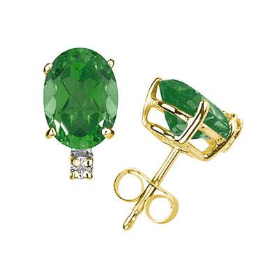 7X5mm Oval Emerald and Diamond Stud Earrings in 14K Yellow Gold