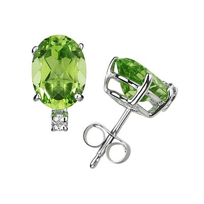 9X7mm Oval Peridot and Diamond Stud Earrings in 14K White Gold