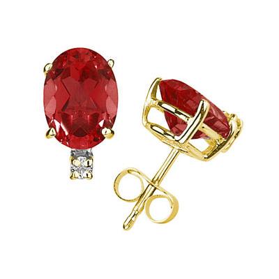 6X4mm Oval Ruby and Diamond Stud Earrings in 14K Yellow Gold