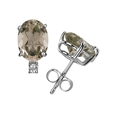 9X7mm Oval Smokey Quartz and Diamond Stud Earrings in 14K White Gold