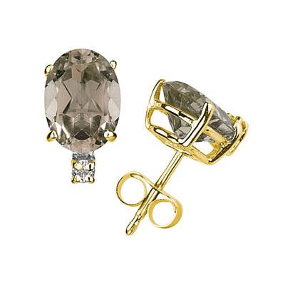 10X8mm Oval Smokey Quartz and Diamond Stud Earrings in 14K Yellow Gold