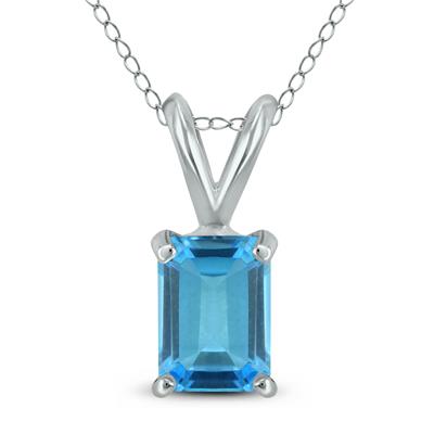 14K White Gold 8x6MM Emerald Shaped Blue Topaz Pendant