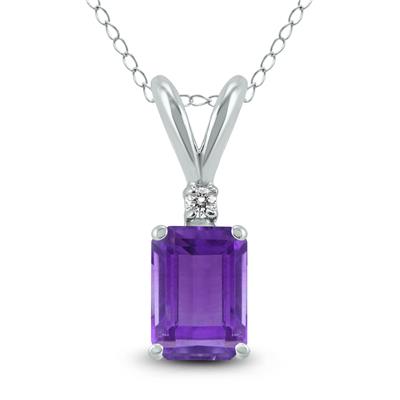 14K White Gold 6x4MM Emerald Shaped Amethyst and Diamond Pendant