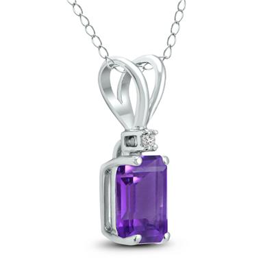 14K White Gold 6x4MM Emerald Shaped Amethyst and Diamond Pendant