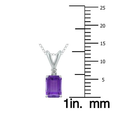 14K White Gold 6x4MM Emerald Shaped Amethyst and Diamond Pendant