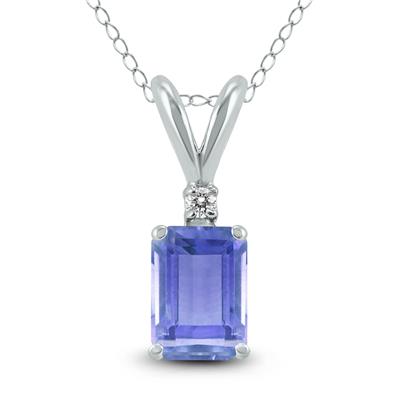 14K White Gold 6x4MM Emerald Shaped Tanzanite and Diamond Pendant