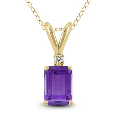 14K Yellow Gold 6x4MM Emerald Shaped Amethyst and Diamond Pendant