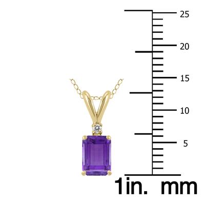 14K Yellow Gold 6x4MM Emerald Shaped Amethyst and Diamond Pendant