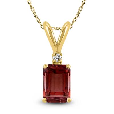 14K Yellow Gold 8x6MM Emerald Shaped Garnet and Diamond Pendant