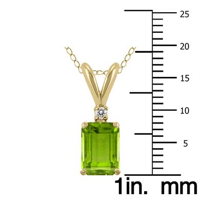 14K Yellow Gold 8x6MM Emerald Shaped Peridot and Diamond Pendant