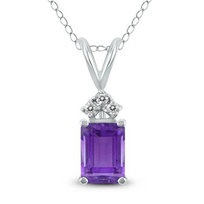 14K White Gold 6x4MM Emerald Shaped Amethyst and Three Stone Diamond Pendant