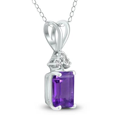 14K White Gold 6x4MM Emerald Shaped Amethyst and Three Stone Diamond Pendant