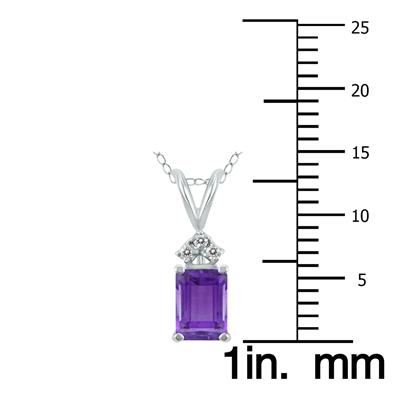 14K White Gold 6x4MM Emerald Shaped Amethyst and Three Stone Diamond Pendant