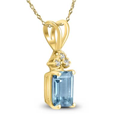 14K Yellow Gold 6x4MM Emerald Shaped Aquamarine and Diamond Pendant