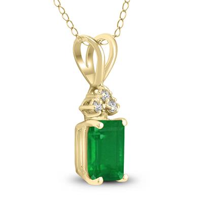 14K Yellow Gold 6x4MM Emerald Shaped Emerald and Three Stone Diamond Pendant