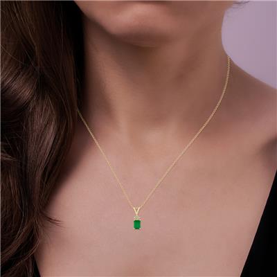 14K Yellow Gold 6x4MM Emerald Shaped Emerald and Three Stone Diamond Pendant