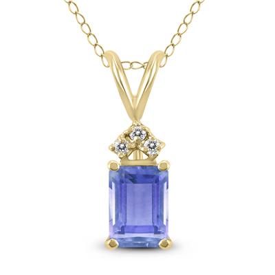 14K Yellow Gold 6x4MM Emerald Shaped Tanzanite and Three Stone Diamond Pendant