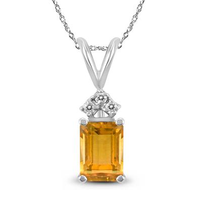 14K White Gold 8x6MM Emerald Shaped Citrine and Three Stone Diamond Pendant