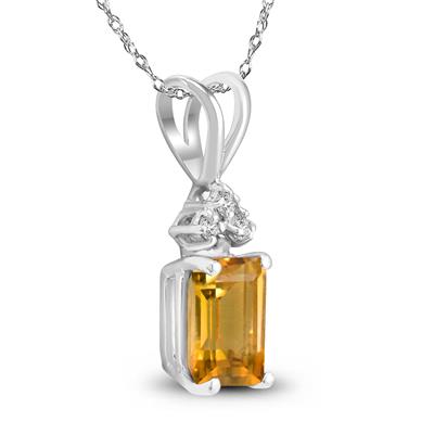 14K White Gold 8x6MM Emerald Shaped Citrine and Three Stone Diamond Pendant