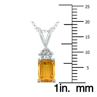 14K White Gold 8x6MM Emerald Shaped Citrine and Three Stone Diamond Pendant