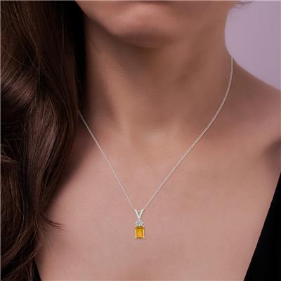 14K White Gold 8x6MM Emerald Shaped Citrine and Three Stone Diamond Pendant