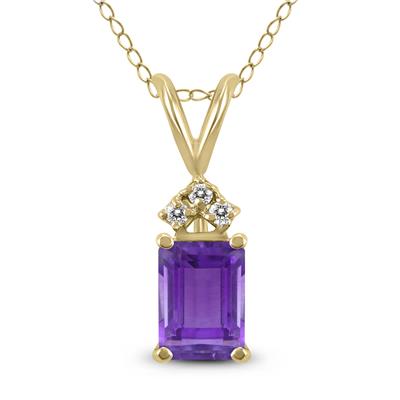 14K Yellow Gold 8x6MM Emerald Shaped Amethyst and Three Stone Diamond Pendant