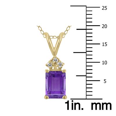 14K Yellow Gold 8x6MM Emerald Shaped Amethyst and Three Stone Diamond Pendant