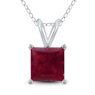14K White Gold 5MM Square Ruby Pendant