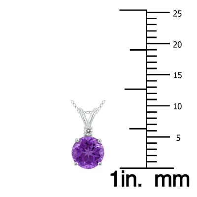 14K White Gold 5MM Round Amethyst and Diamond Pendant