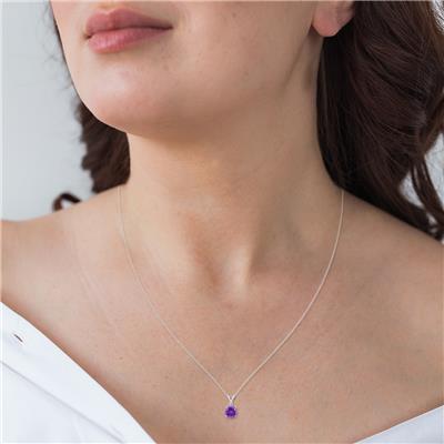 14K White Gold 5MM Round Amethyst and Diamond Pendant