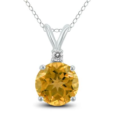 14K White Gold 7MM Round Citrine and Diamond Pendant