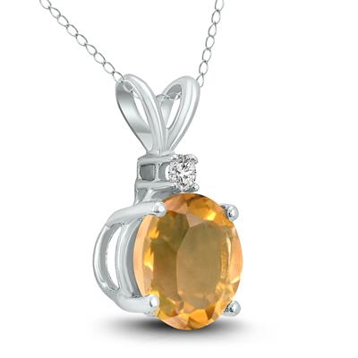 14K White Gold 7MM Round Citrine and Diamond Pendant