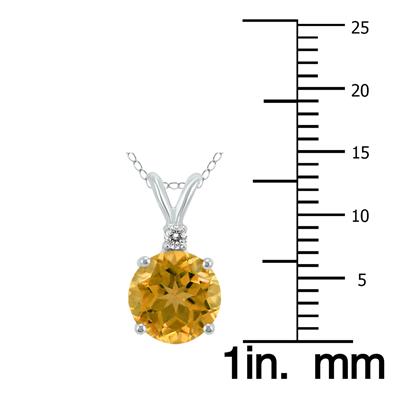 14K White Gold 7MM Round Citrine and Diamond Pendant