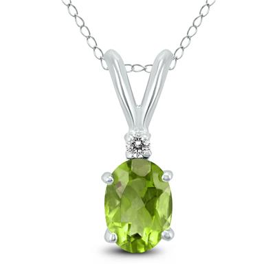 14K White Gold 6x4MM Oval Peridot and Diamond Pendant