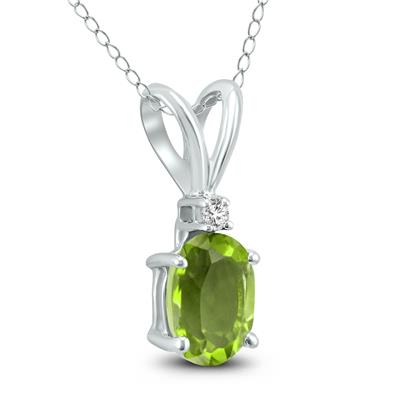 14K White Gold 6x4MM Oval Peridot and Diamond Pendant